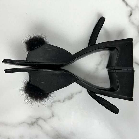 Vintage Enzo Angiolini Fuzzy Pom Pom Black Chunky Slingback Heels Size 8 - Picture 4 of 9